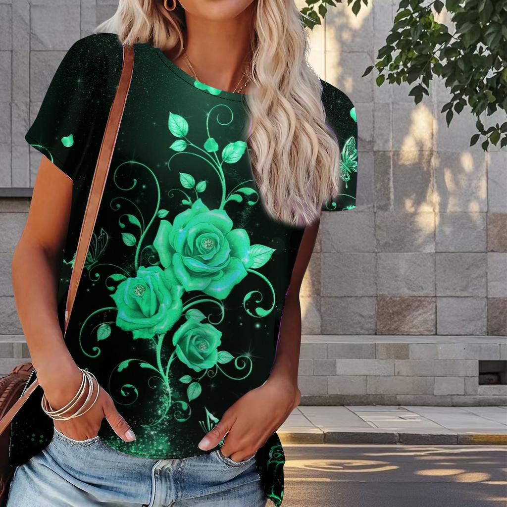 Damski Letni T-shirt z Nadrukiem Róży Retro Moda Krótki Rękaw Koszulki Casualowe Drukowane Topy