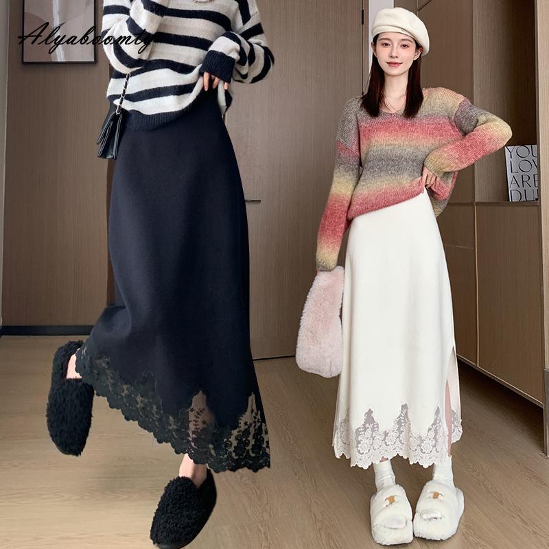 Elegant Fashion Autumn Winter Women Midi A-Line Skirt High Waist Beige Black Knitting Skirt Feminine Embroidery Lace Split Chic Skirt