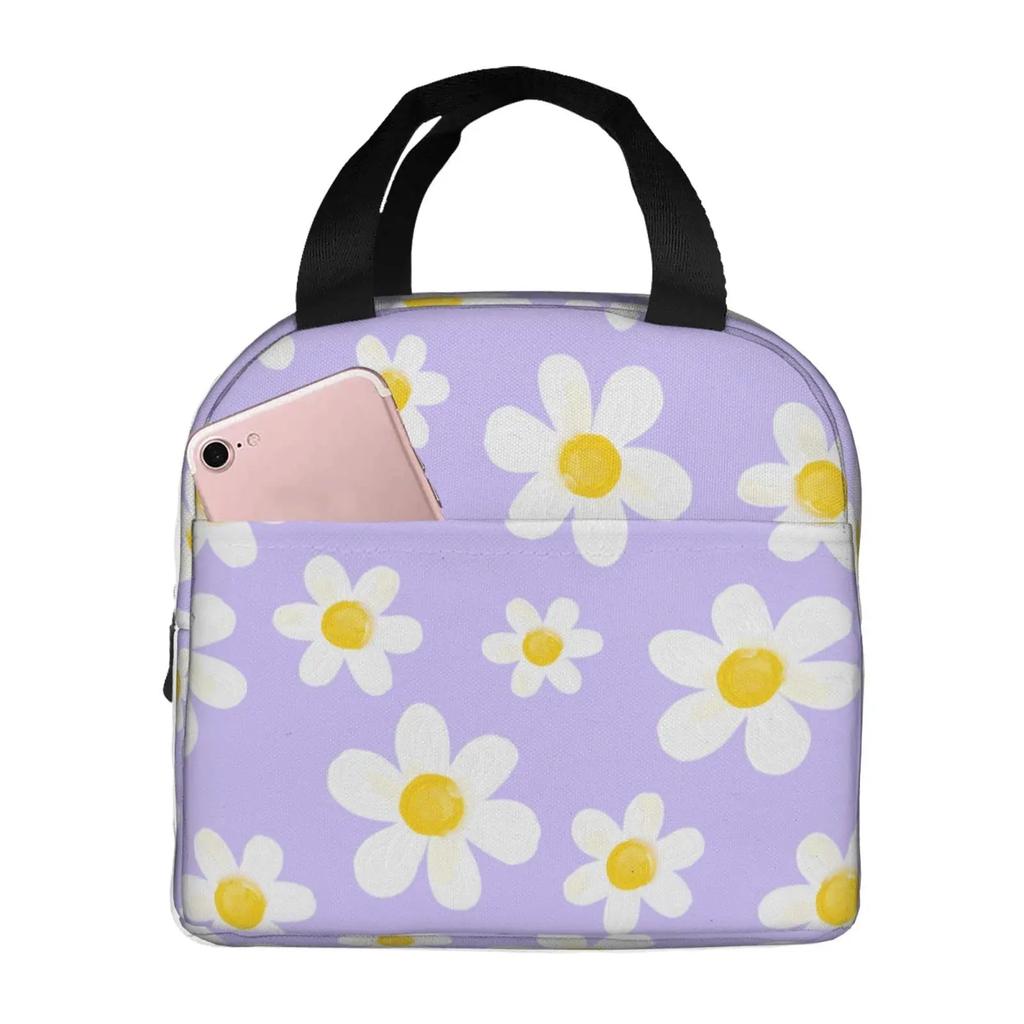 Insulated Lunch Box Daisy Flower Lunch Bag Spring Floral Reusable Bag Flowers Blue Cooler Tote Bags for Kids Teens Adults Girls