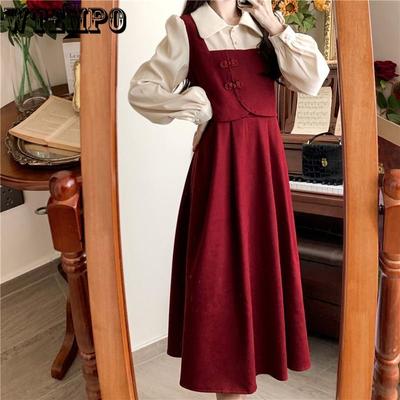 Large Spring and Autumn Doll Neckline Red Dress with Waist and Thin Retro Fake Two-piece Long Skirt Fashion and Design Sense Dress