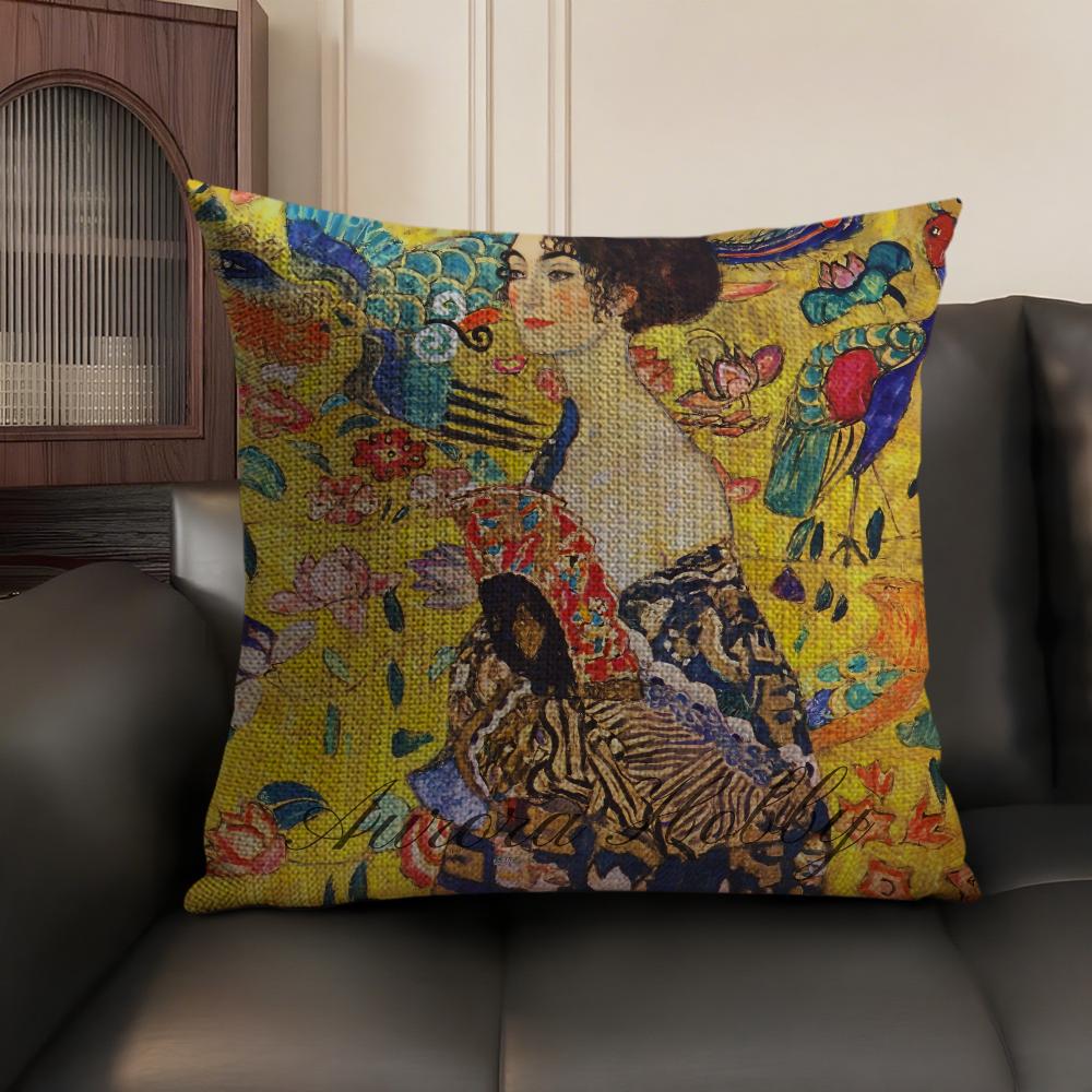 GGustav Klimt Oil art Cushion Cover Natural Linen Organic Fabric DoubleSided Printing Sofa Home Decor Gift Pillow Case