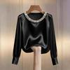 Women Tops Round Neck Long Sleeve Smooth Satin Pullover Tops Solid Color Loose Fit Faux Pearls Decor Casual Shirt Daily Wear