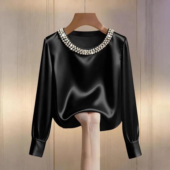 Women Tops Round Neck Long Sleeve Smooth Satin Pullover Tops Solid Color Loose Fit Faux Pearls Decor Casual Shirt Daily Wear