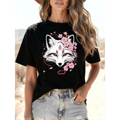 T-shirt Kitsune Renard Fleur de Cerisier - Col Rond Manches Courtes Haut Décontracté, Inspiré de l'Art Japonais pour Femmes, Vêtement d'Été Printemps