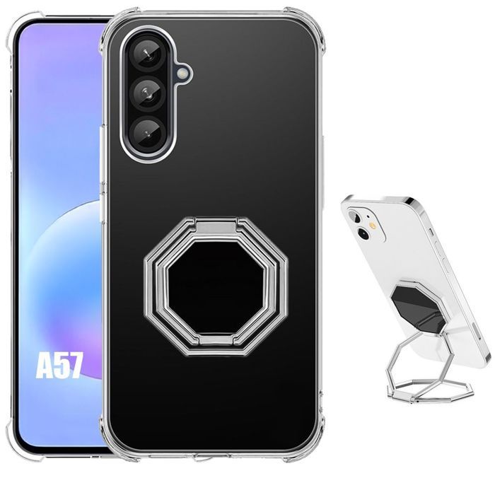 Coque pour Samsung Galaxy A57 5G, Silicone Transparent Antichoc avec Support Métal Octogonal