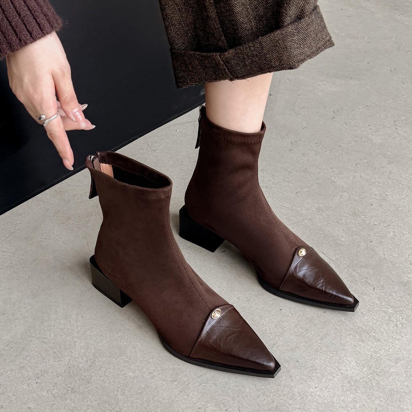 

French temperament pointed short boots women s 2025 new leather boots thick heel medium heel elastic short women s boots thin boots 34