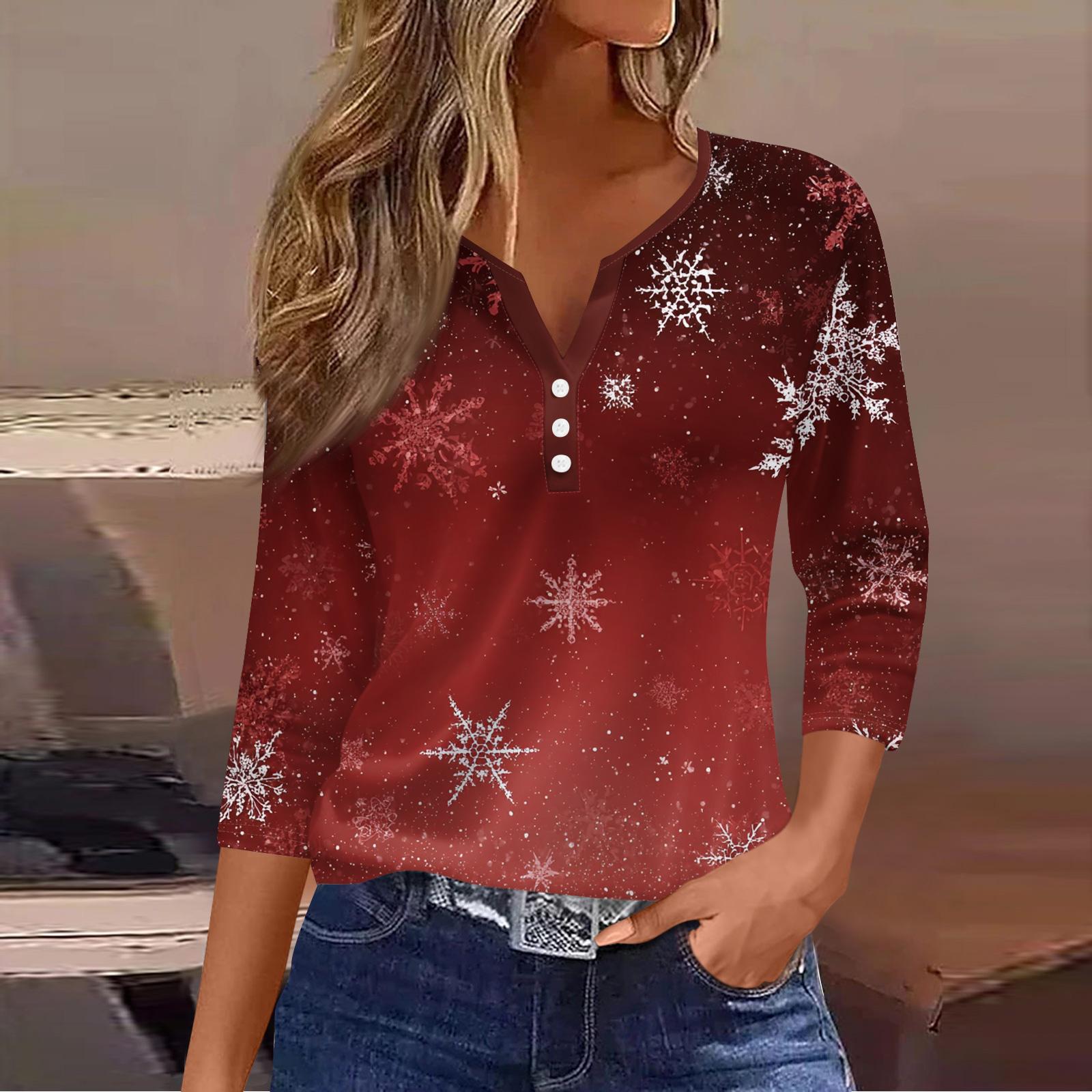 

Женская модная повседневная футболка с принтом рождественской елки, V-образным вырезом, декоративными пуговицами и рукавом три четверти XL красный