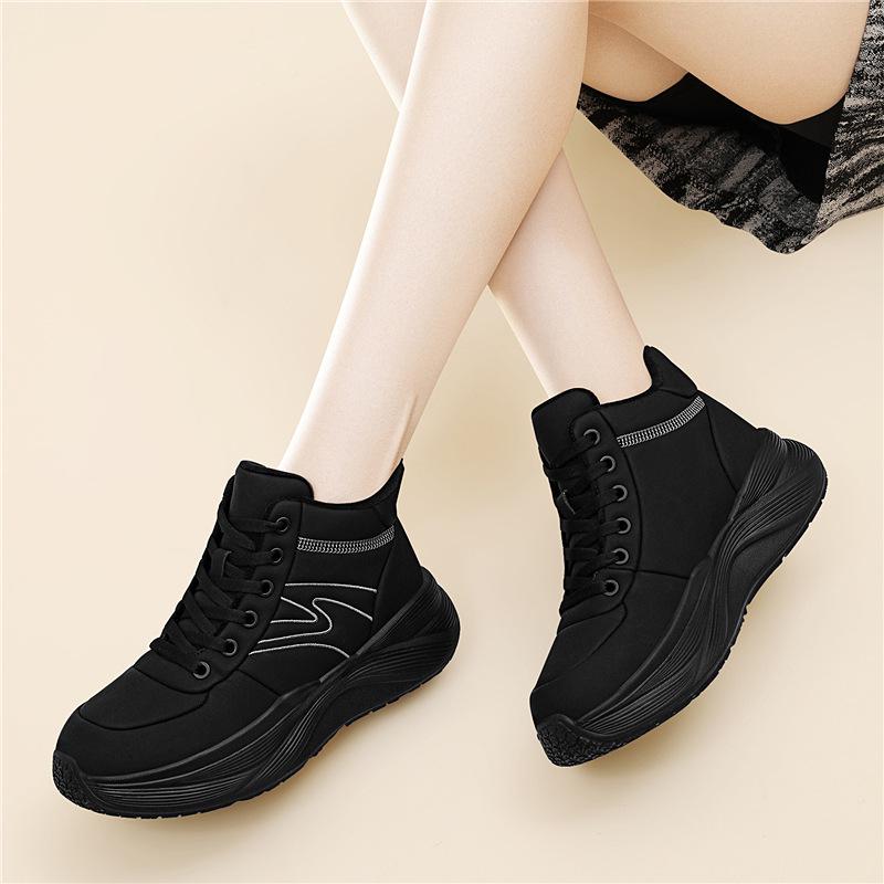 2025 Autumn/Winter Women's Fleece-Lined High-Top Sneakers with Thick Soles
