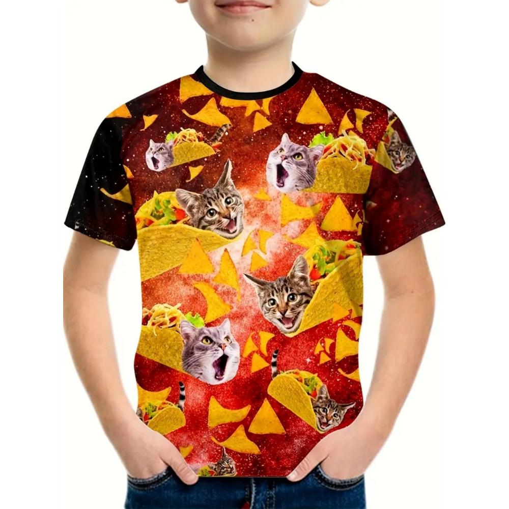 

Boy s T-Shirt Cute Cat Taco Pizza Pattern 2025 Summer Short Sleeve Tops Colorful 3D Print Boys Clothes Loose Children s Clothing 110