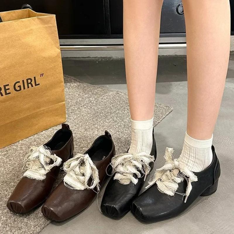 Fashion French Vintage Mary Jane Shoes Women's Spring 2025 Fashion Large Size British Style Square Head Knot Tied Single Shoes