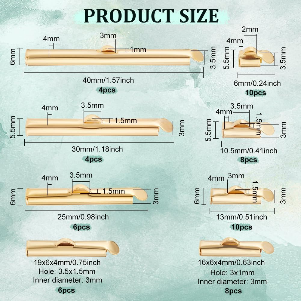 BENECREAT 56pcs 8 Sizes 18K Gold Plated Stainless Steel Slide On End Clasp Tubes Slider End Caps Clasps Slider Clasp Jewelry Accessories for Bracelet