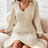 Frauen Herbst Winter V-ausschnitt Puff Ärmel Einfarbig EINE Linie Warme Hohe Taille Kleid S-XL