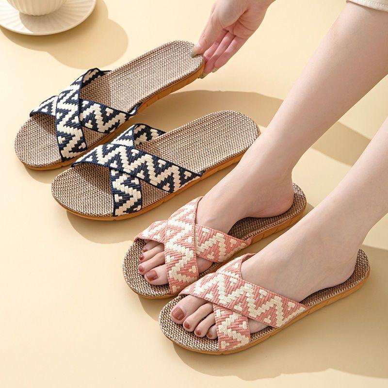 [Buy One Get One Free] Linen Slippers Women's Summer Indoor Thick-bottomed Non-slip Couple's Home Cotton and Linen Cool Slippers Men
