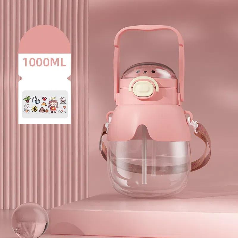 Großvolumiger Becher mit großem Bauch und Strohhalm, Tragbarer Kinder-Wasserbecher mit zwei Trinköffnungen