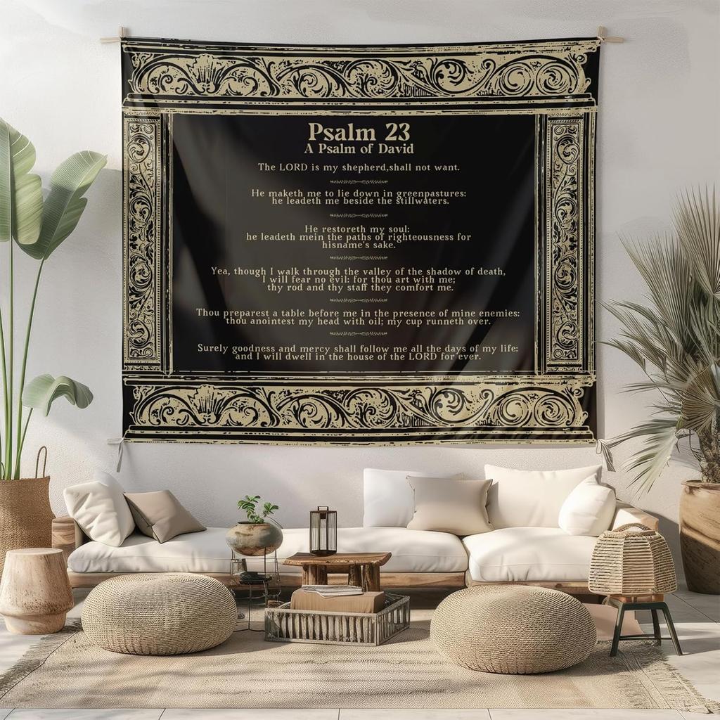 Elegant Psalm 23 Tapestry, Whimsical Black And Gold Scripture Print With Ornate Border For Cozy Christian Home Decor