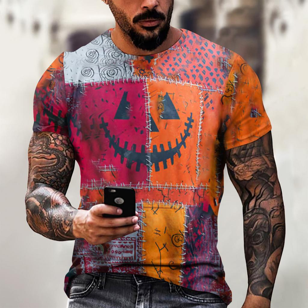 Halloween T Shirt Men's Casual Round Neck Blood Splatter Pattern Tops Horror Bloody Printed Short Sleeve Tops