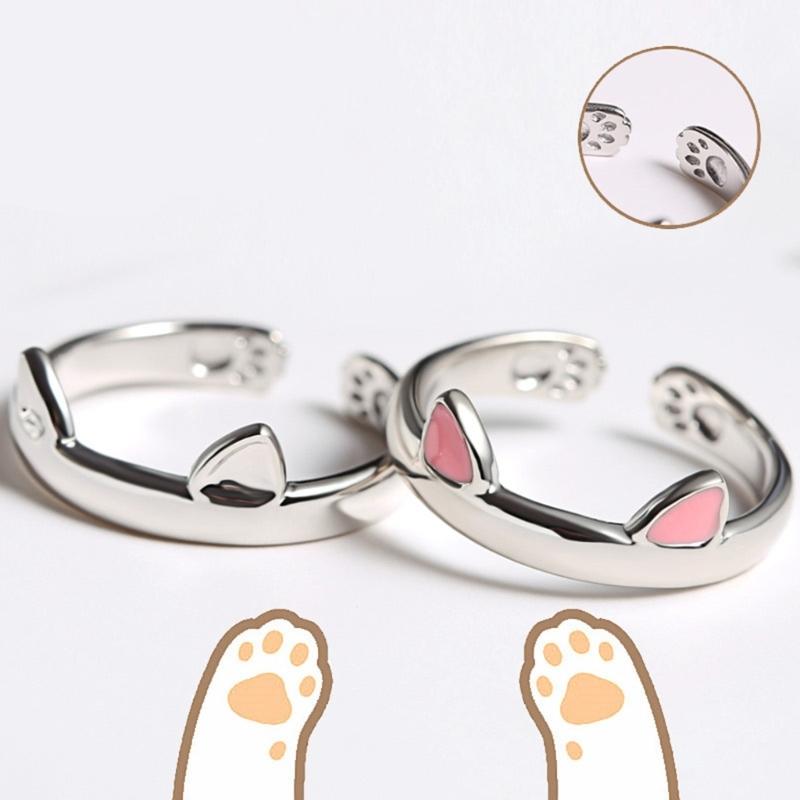 Adjustable Cartoon Little Cat Kitten Pet Finger Rings Lovely Cat Ears Paws Rings Birthday Gifts for College Girls