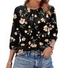 Women's Floral Print 3/4 Sleeve Round Neck Pleated T-Shirt Top Casual Lightweight Blouse with Elastic Cuffs and Relaxed Fit for Everyday Wear
