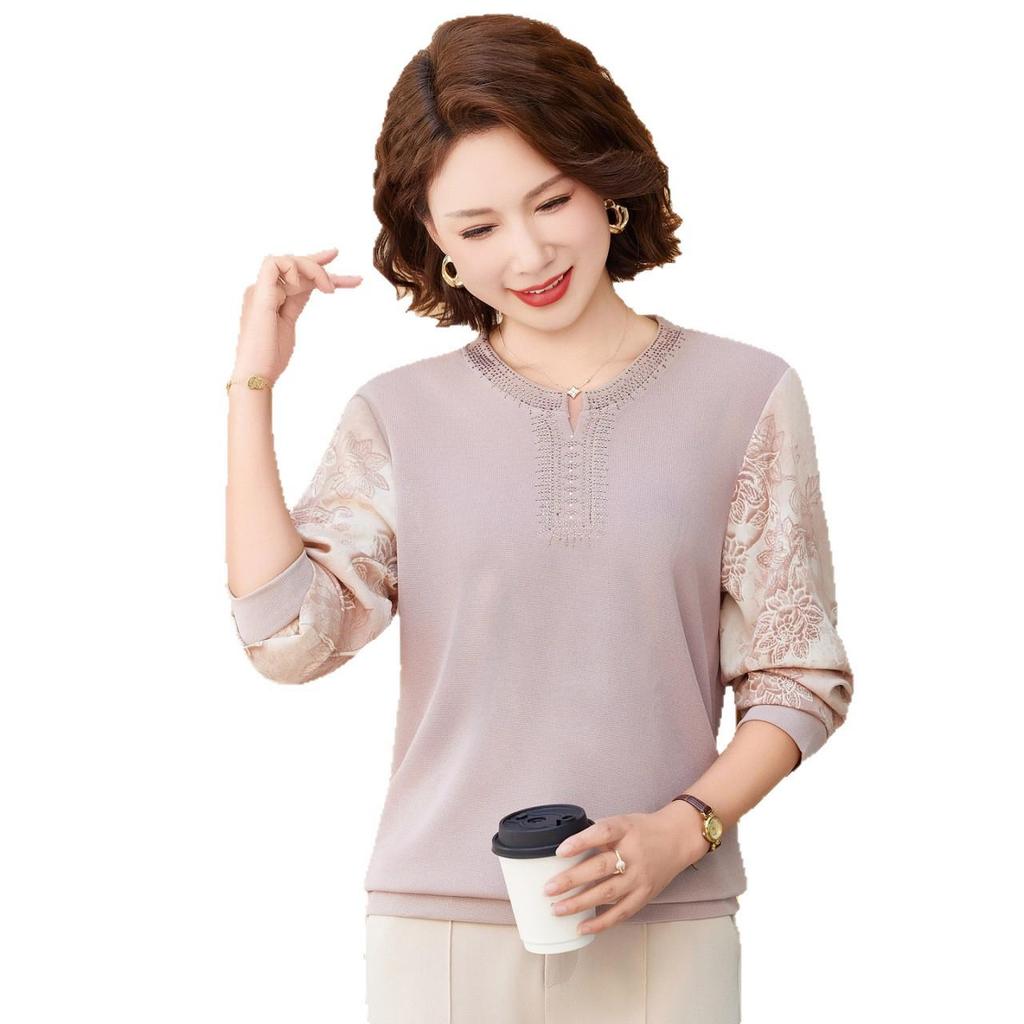 2026 Autumn Long-Sleeve Printed Patchwork Pullover for Middle-Aged and Elderly Women
