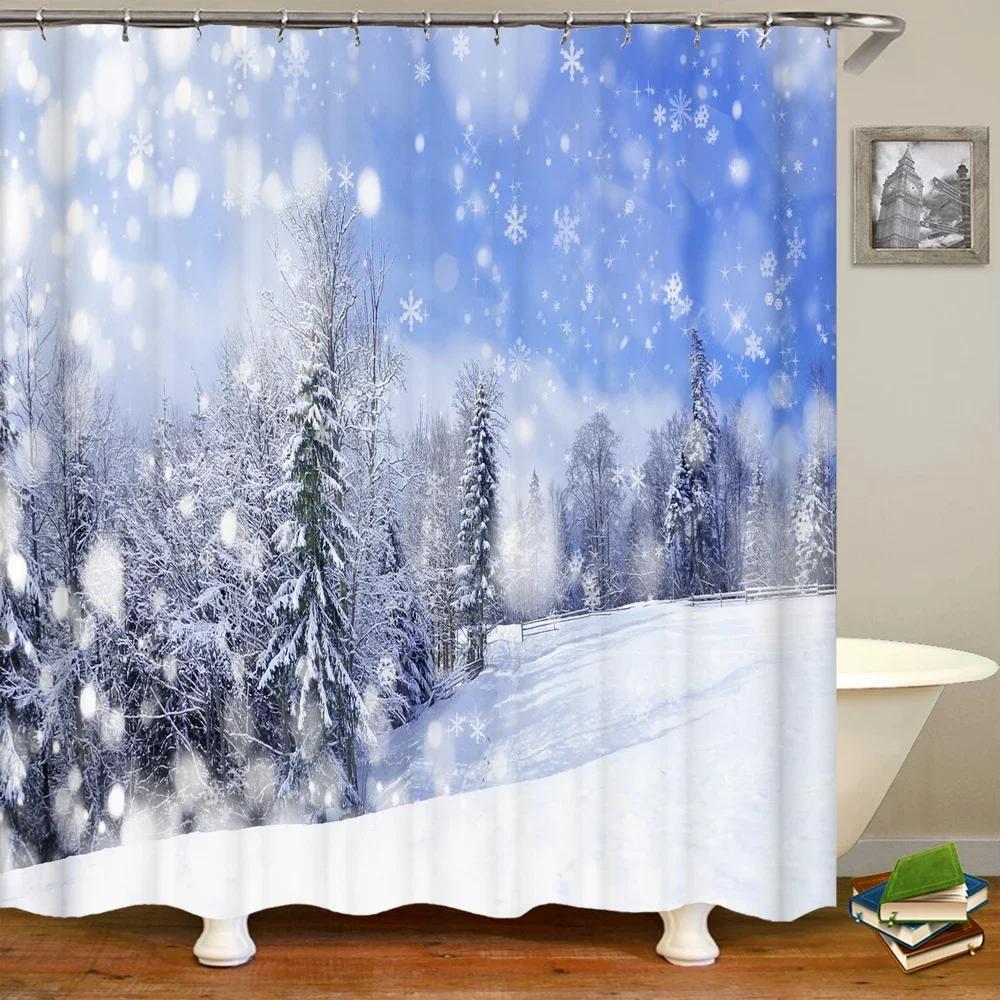 Natural landscape Snowflake Cedar Tree Shower Curtains Bathroom Curtain Frabic Waterproof Polyester Bath Curtain with Hooks