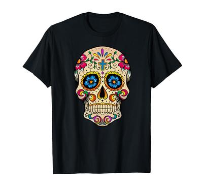 Buntes Calavera Tag der Toten T-Shirt mit Zuckerschädel-Design