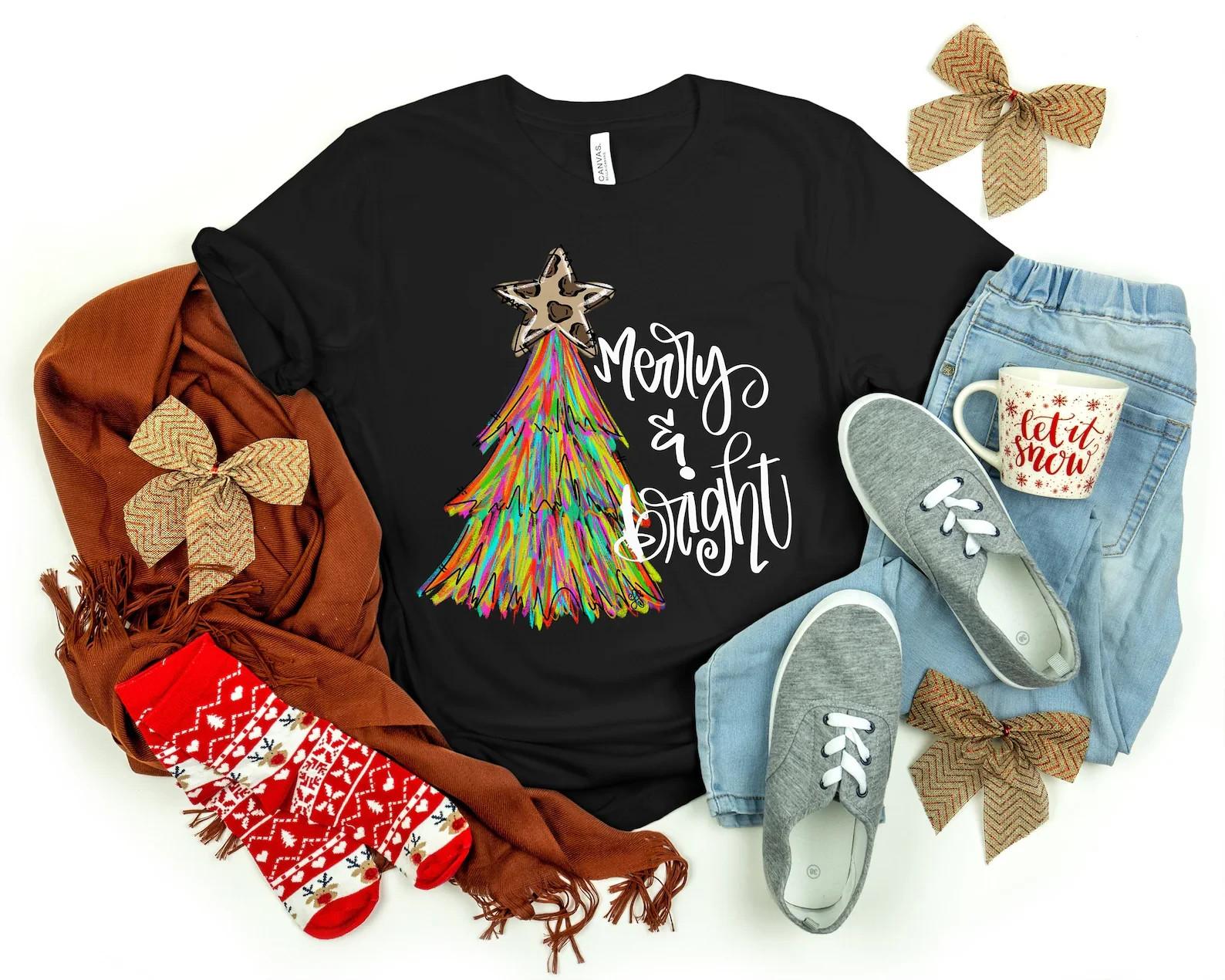 Merry And Bright Shirt, Christmas Shirt, Christmas Tree Shirt, Christmas Tree, C S