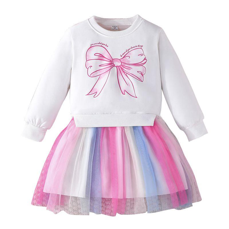 3-13 Years Kids Girls Fake Two Pieces Clothes Mesh Skirt Sweatshirt