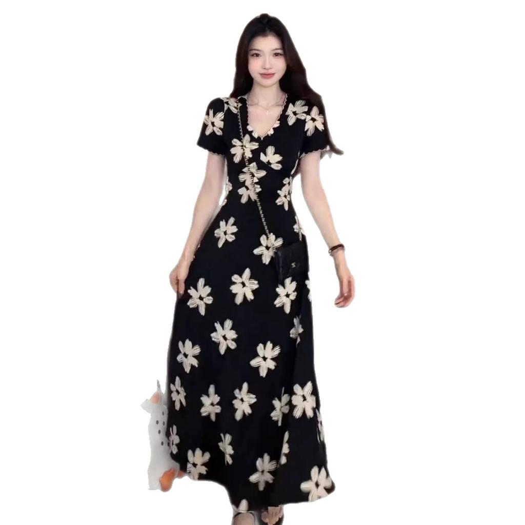 French retro temperament dress, summer new collar niche floral dress, holiday style waist and thin medium and long dress