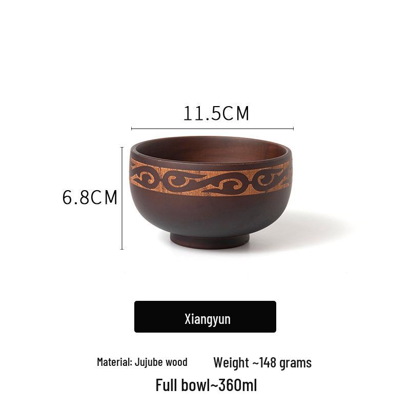 Ethnic Style Solid Wood Noodle Bowl - Sour Jujube Wood Ramen, Milk Tea, and Instant Noodle Bowl with Mongolian Wooden Texture.