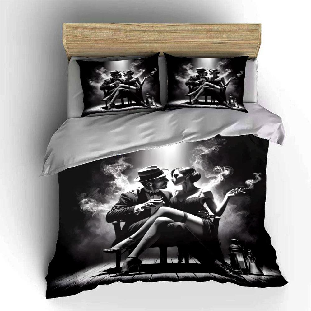 Retro Noir Couple Scene Bedding Duvet Cover Set (1*Duvet Cover 2*Pillowcases, Without Duvet Insert)
