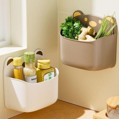 Cartoon Bear Wall-Mounted Storage Box: Punch-Free Kitchen Organizer for Onion, Ginger, Garlic - Blue