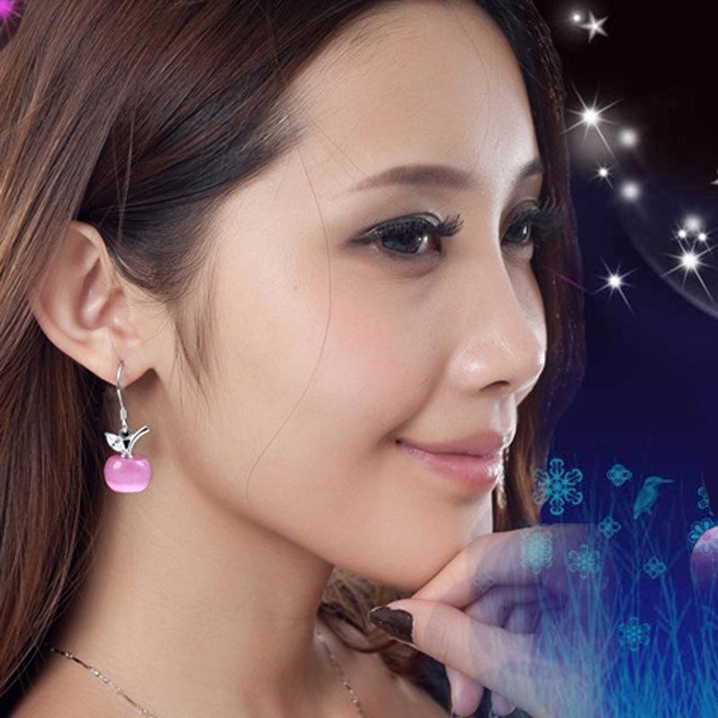 Korean Cat's Eye Stone Apple Christmas Earrings: White Gold Plated Women's Dangle Studs