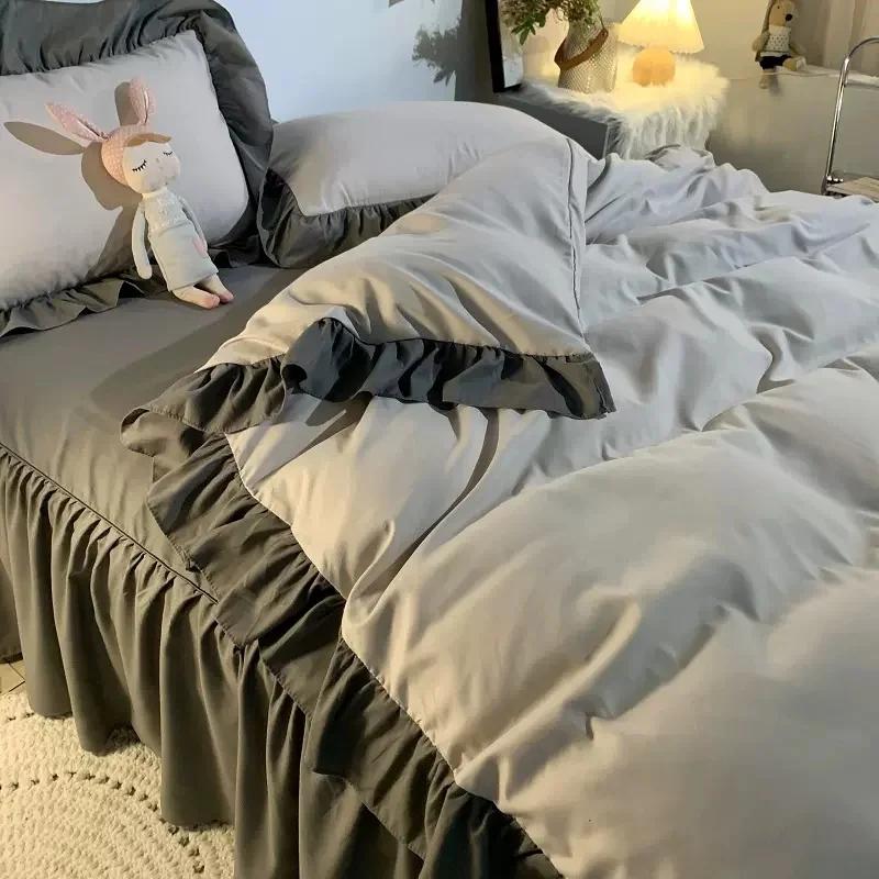 Ins Princess Style Bedding Set For Woman Cute Girl Solid Color Ruffles Duvet Cover Queen King Bed Sheet Bed Skirt Pillow Covers