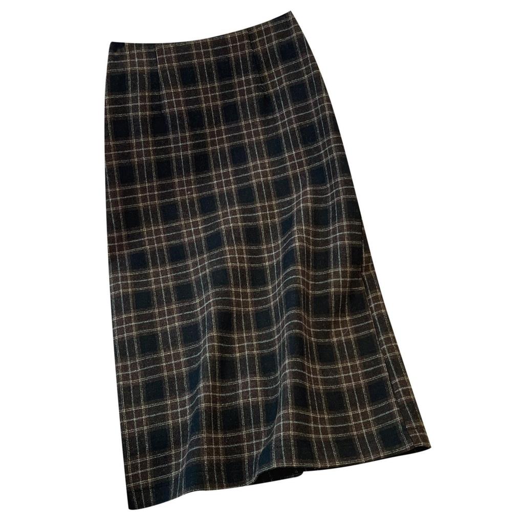 Women's Woolen Plaid High-Waisted A-Line Midi Skirt with Back Slit – 2025 Autumn/Winter Collection
