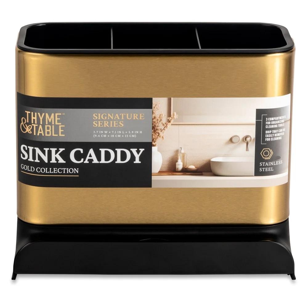3 Compartment Kitchen Sink Caddy Gold Removable Tray Organizer Sponges Brushes Cleaning Tools Stylish Compact Durable Non-Slip