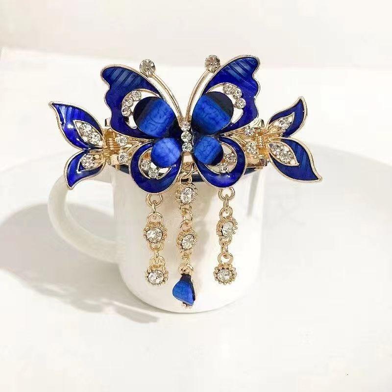 2023 Fashion New Butterfly Tassel Crystal Hairpins Women Temperament Elegant Rhinestone Metal Crab Hair Clip Hairgrip синий