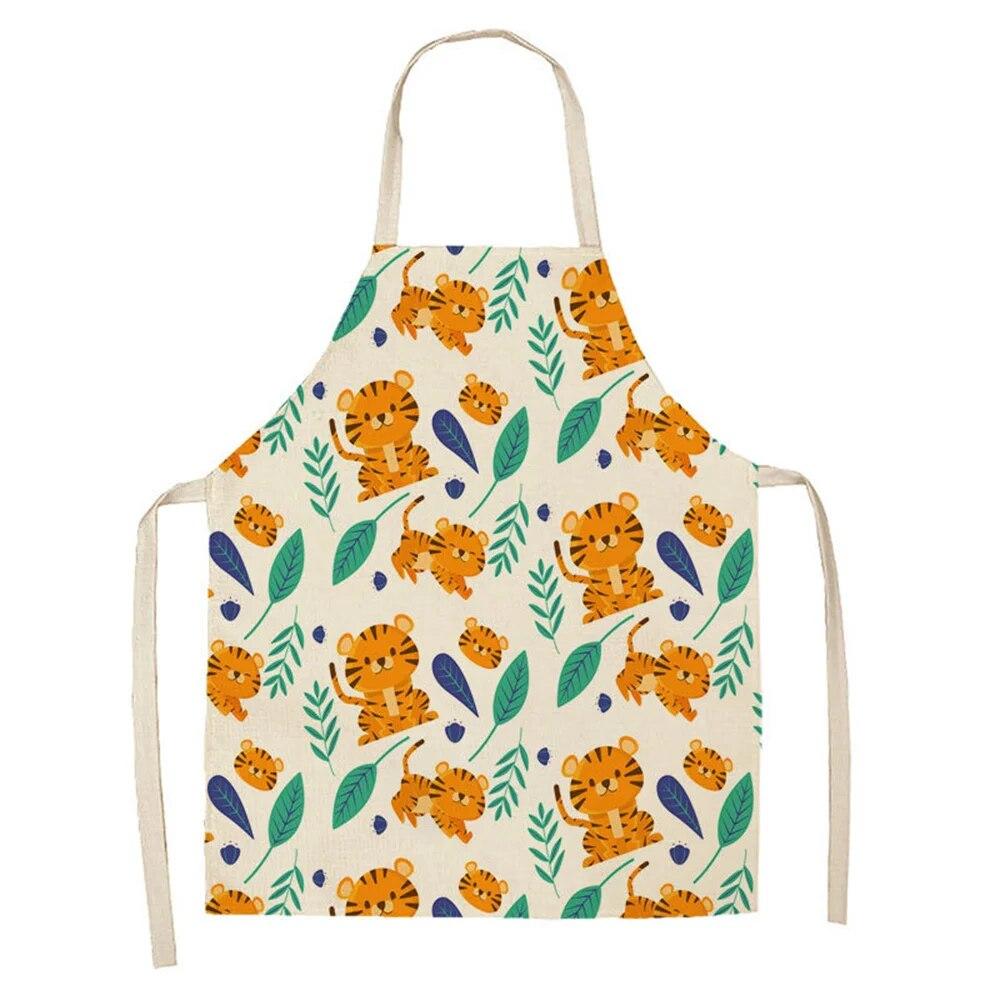 Cartoon Cute Tiger Elk Giraffe Print Kitchen Apron 68x55cm Adult Women's Sleeveless Cooking Apron Household Cleaning Tools