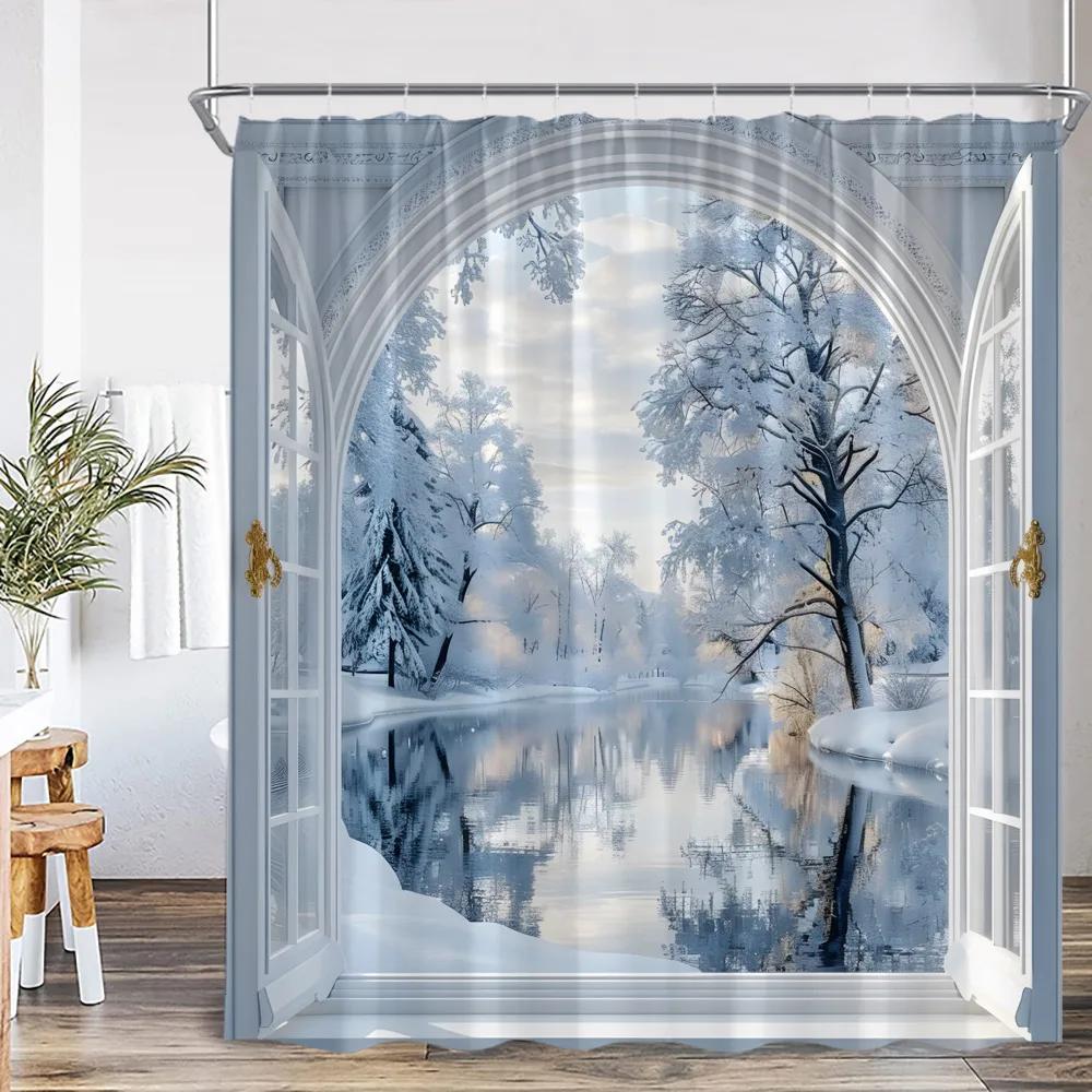 Winter Landscape Shower Curtain Outdoor Snow Scenery Merry Christmas European Style Home Decor Modern Bathroom Bathtub Curtain