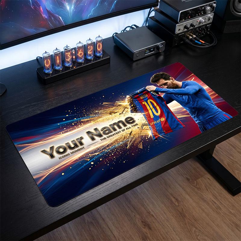 Tappetino per Mouse Grande Personalizzato Lionel Messi, Stampa Testo Nome Personalizzato, Tappetino da Scrivania Antiscivolo con Logo Calcio, Regalo per Gamer