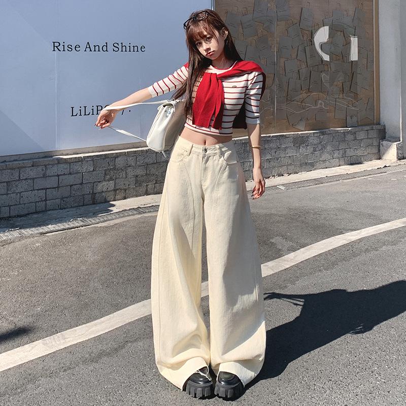 

Apricot Raw Hem Curved Leg High Waist Jeans for Women - Spring 2026 Loose Drape Wide Leg Style Extra Small