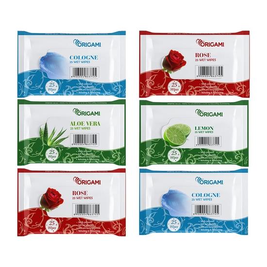 

Origami Wet Wipes/Wet Tissue/Wet Facial Tissue - 15 x 20 cm - 25 Pulls Per Pack - Pack of 6-150 Wipes - Assorted Fragrances