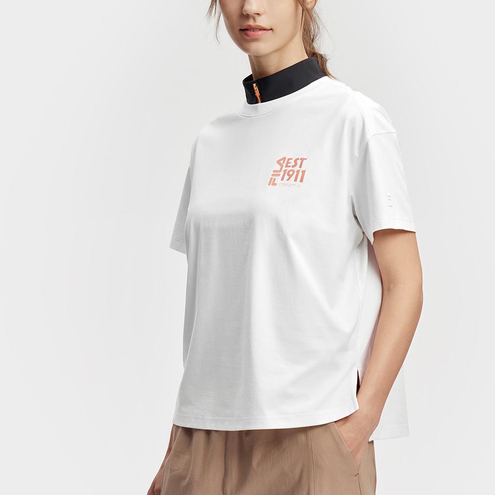 FILA Letter Print Sports Knit Short Sleeve Drop Shoulder T-Shirt Women T-Shirts Cloud-White A11W417105F-WT