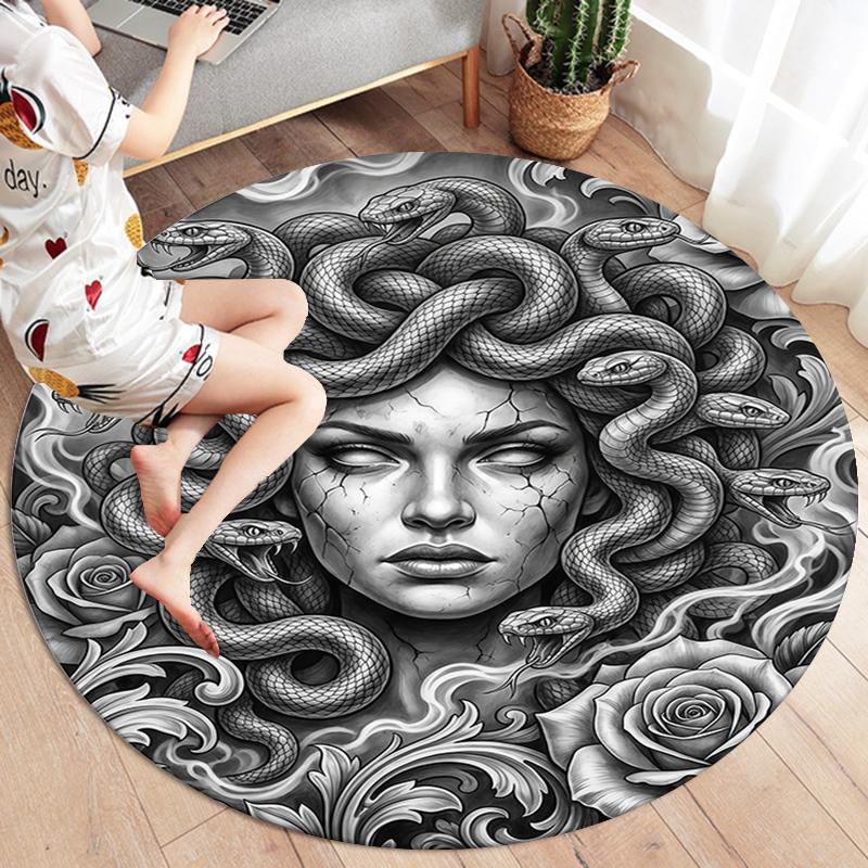 Sketch Medusa Whale Dragon Round Area Rug,Carpet Rug for Living Room Bedroom Sofa Playroom Decor,Non-slip Floor Mat