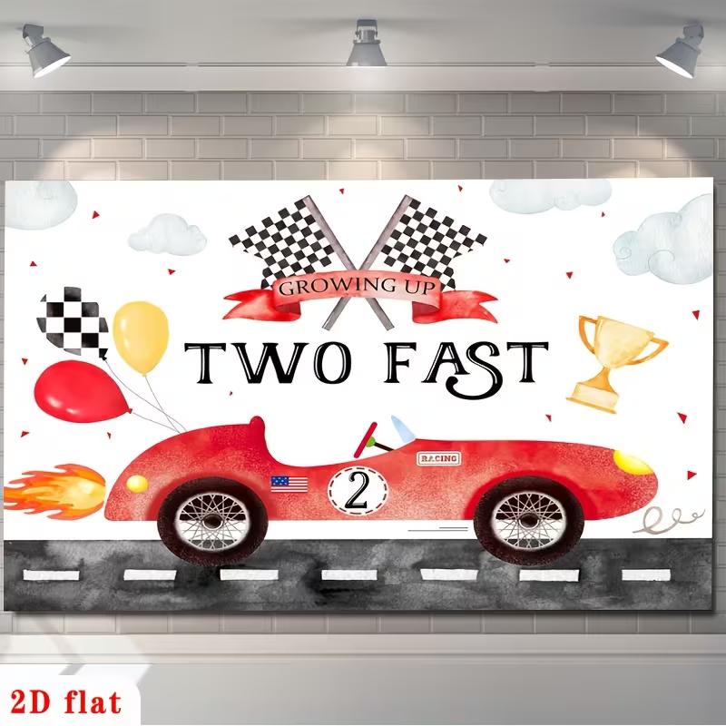 2D Two Fast Birthday Backdrop, Vintage Race Car and Checkered Flag Photography Background