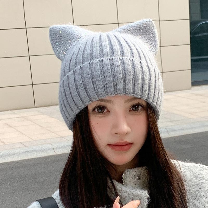 

Шерстяная шапка с кошачьими ушками Женская осенне-зимняя теплая милая вязаная шапка Корейская версия Повседневная шапка one size