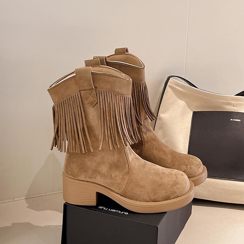 New Style Fashion Thick Soled Fringed Women's Retro Comfortable Western Cowboy Boots Square Heel Short Leg Knight Boots Platform