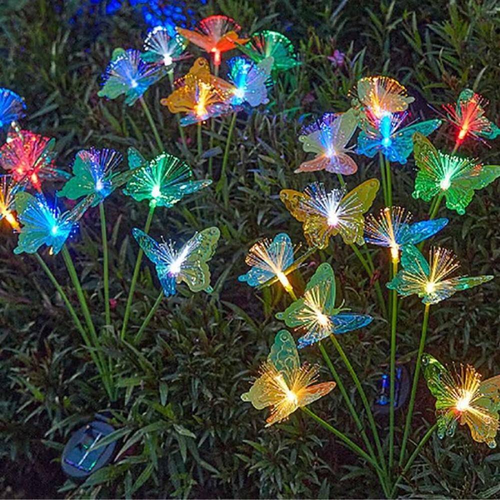 2PCs Colorful Multi-Head Solar Butterfly Stake Lights 2 Modes Waterproof Outdoor Garden Pathway Landscape Decor Lamp