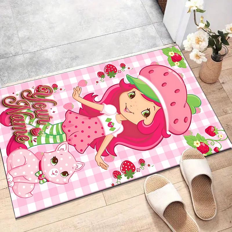 Princess Strawberry Design Area Rug Personalized Name- Non-Slip, Soft & Cozy Floor Mat for Living Room, Office - Indoor/Outdoor Carpet