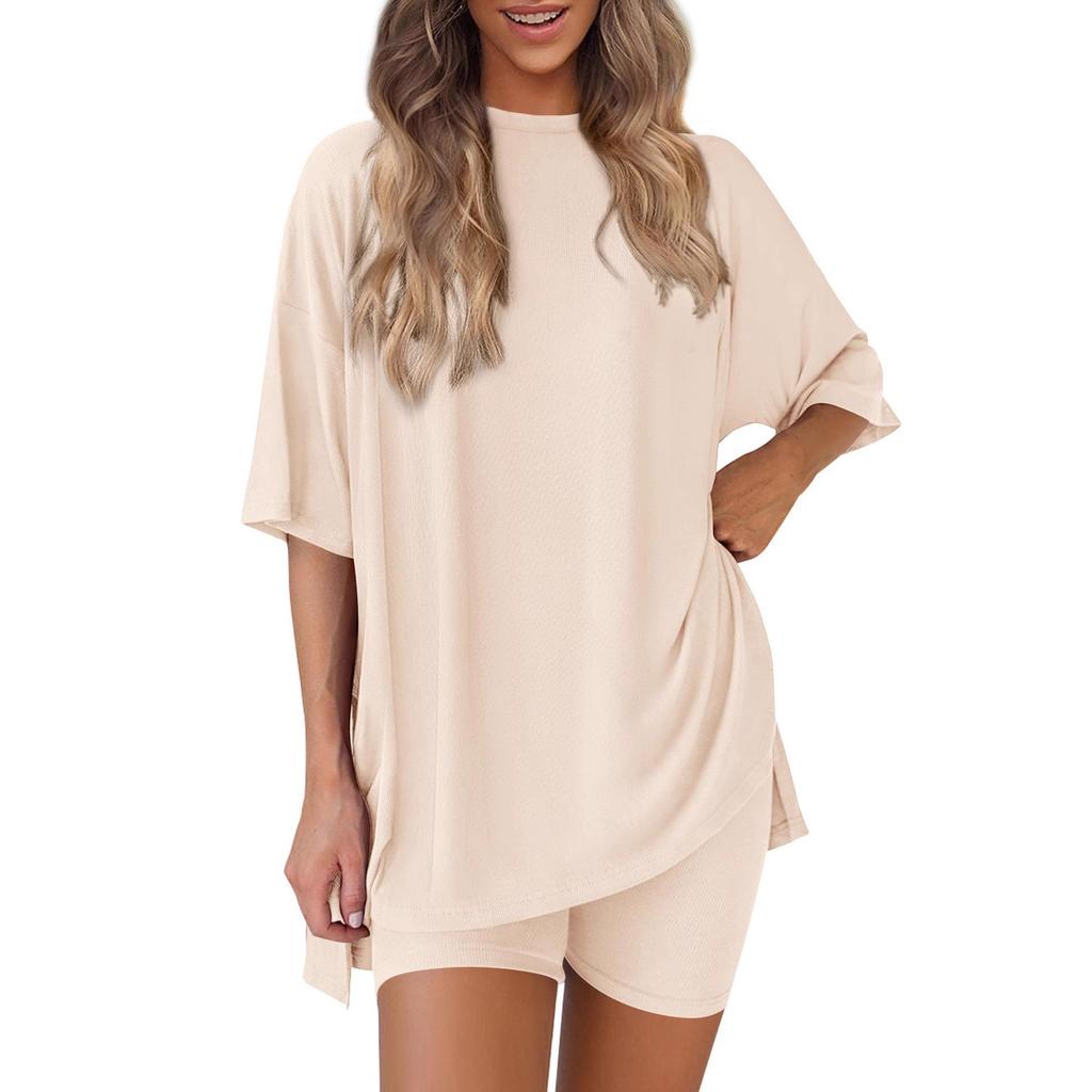 Women's Crew Neck Half Sleeve Oversized T Shirt Biker Shorts Loungewear Two Piece Pajama Set Casual Solid Outfit