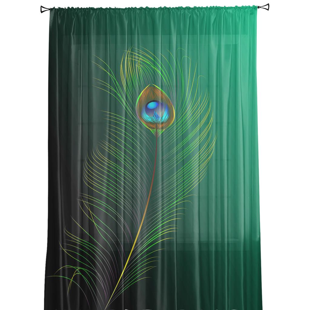Green Peacock Feathers Window Treatment Tulle Modern Sheer Curtains for Kitchen Living Room the Bedroom Curtains Decoration